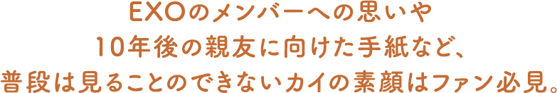 EXOのメンバーへの思いや10年後の親友に向けた手紙など、普段は見ることのできないカイの素顔はファン必見。